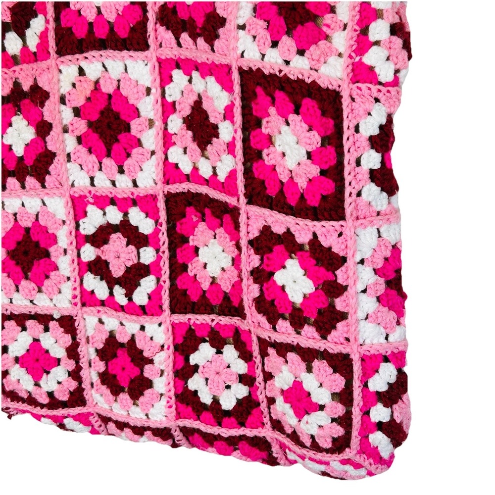 Boho Crochet Granny Square Purse Handbag Bamboo Style Handles Retro Hippie Pink - Picture 4 of 11